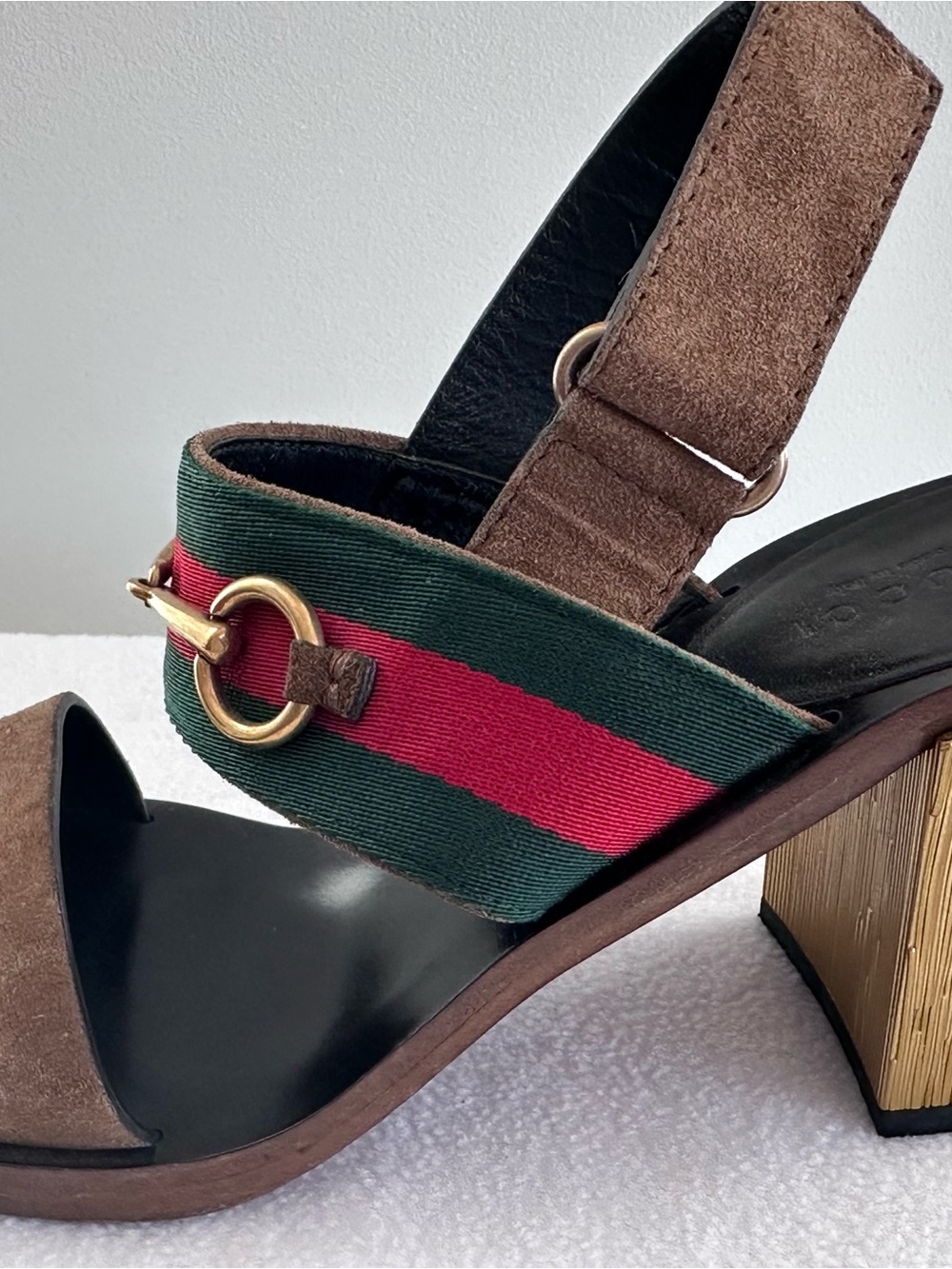 Gucci Brown Suede Block Heel Sandals with Green & Red Web Strap - Picture 3 of 5